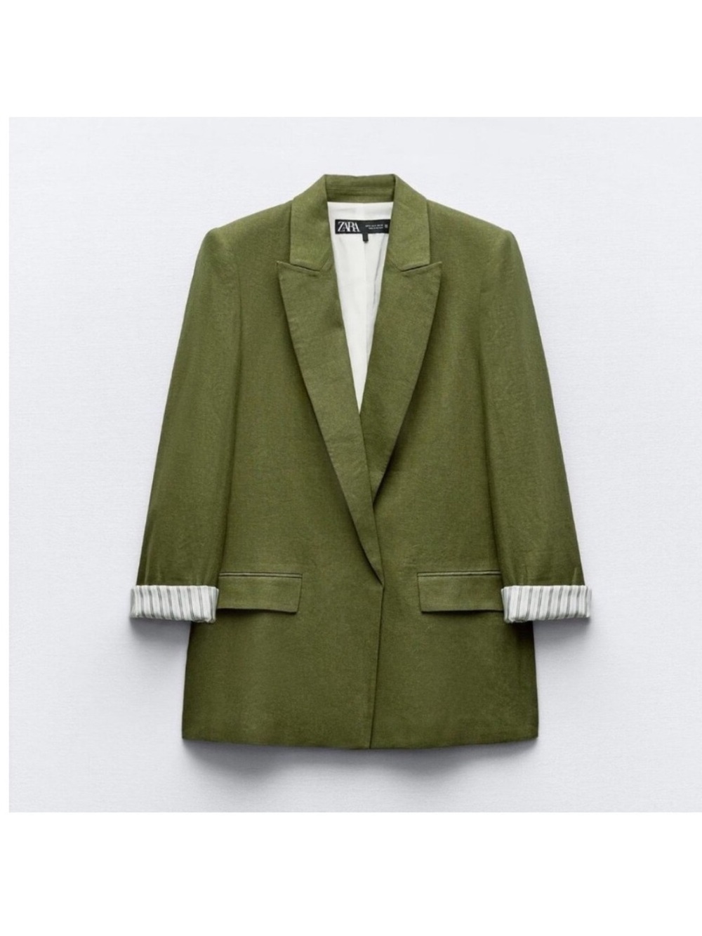 Zara Olive Green Tailored Blazer with Striped Cuff Lining